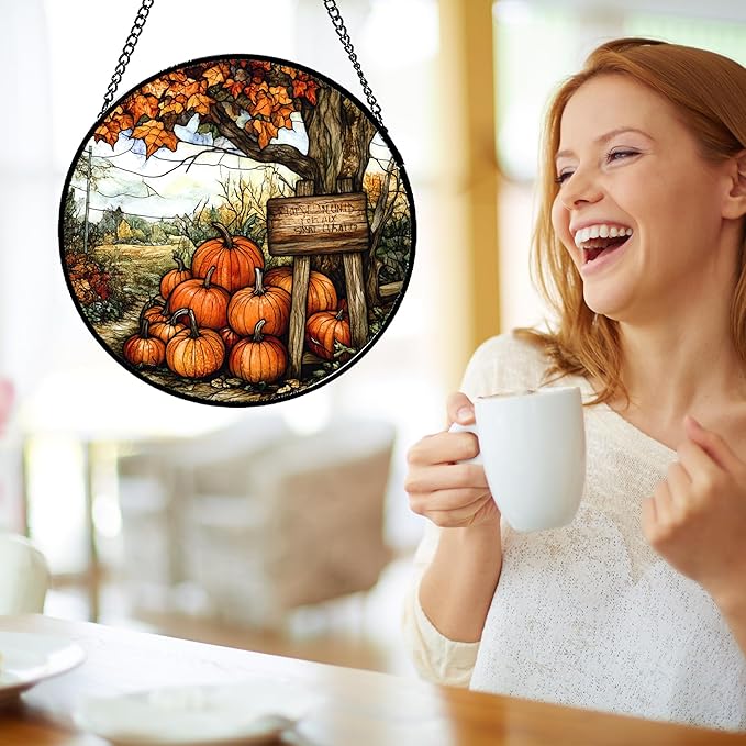 Stained Glass Window Hanging Fall Farm Scenery Maple Trees Pumpkin Large 11.8" - Suncatcher Door Garden Kitchen Sun Catcher Autumn Decor Birthday for Mom Nana Men Woman Friend