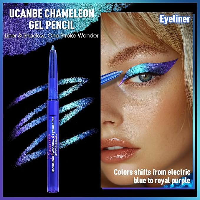 UCANBE Chameleon Eyeshadow & Eyeliner Gel Pencil - Multichrome Shifting Colors Metallic Glitter Eye Makeup,Waterproof Long-Lasting Smudge-Proof Multi-Dimensional Color (Electric Blue to Royal Purple)