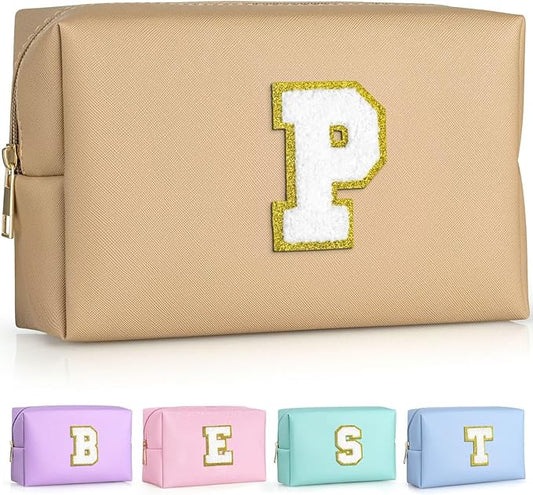 TOPEAST Personalized Makeup Bag, Chenille Letter Pouch Cosmetic Bag w Zipper, PU Leather Waterproof Toiletry Bag, Bridal Shower Gifts for Bridesmaids, Cute Stuff for Girls (Khaki P)