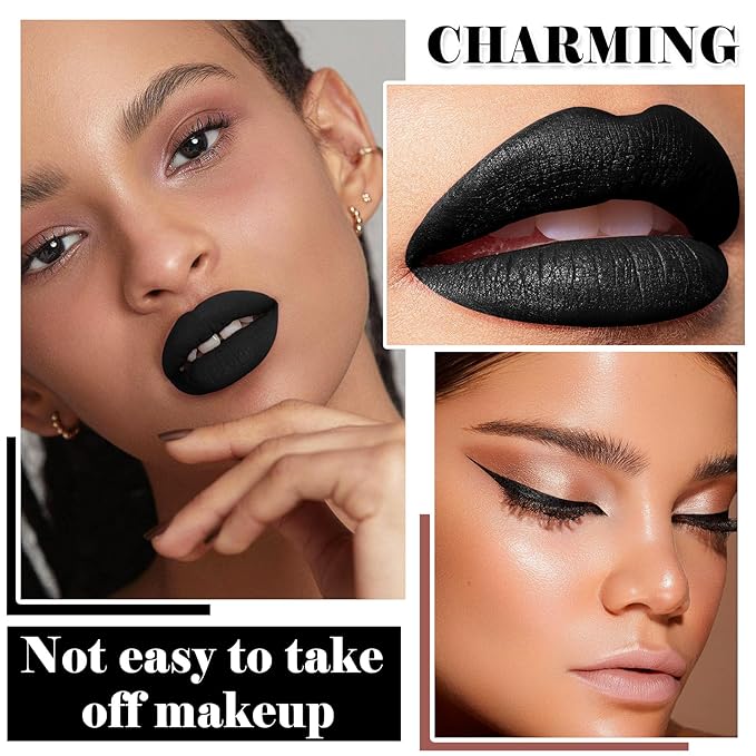 Black Matte Lipstick and Lip Liner Pencil Set Black Liquid Lipstick Lip Gloss Set Smudge Proof Long-lasting, Suitable for Halloween Goth Cosplay Makeup Lip Makeup