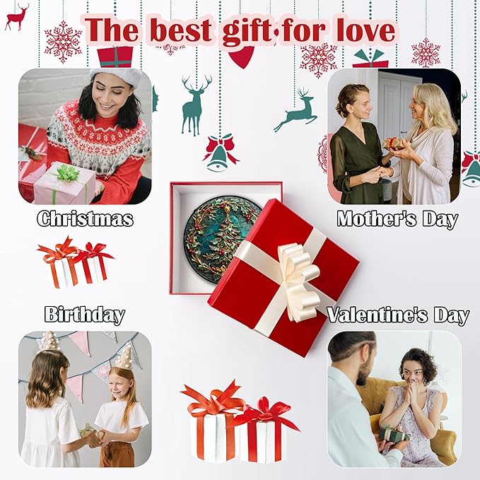 Stained Glass Window Hangings - Red Gold Green Wreath Suncatcher for Door Home Christmas Tree Decoration Sun Catcher Thanksgiving New Year Birthday Gift for Women Men Mom Grandma 9.8 in