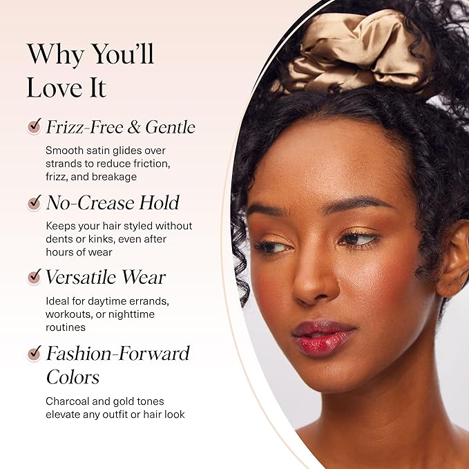 Kitsch Satin Scrunchies for Women - No Crease Hair Ties for Girls | Big Scrunchies For Women with All Hair Types and Textures, Perfect for Day or Night - 2 Pcs, Charcoal and Gold