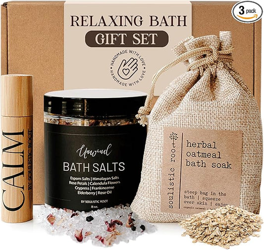 Soulistic Root Relaxing Bath Gift Set, Luxury Spa Gifts for Women, Self Care Products for Women and Men, Calm Essential Oil Roller, Oatmeal Lavender Bath Soak & Epsom Salts with Essential Oils
