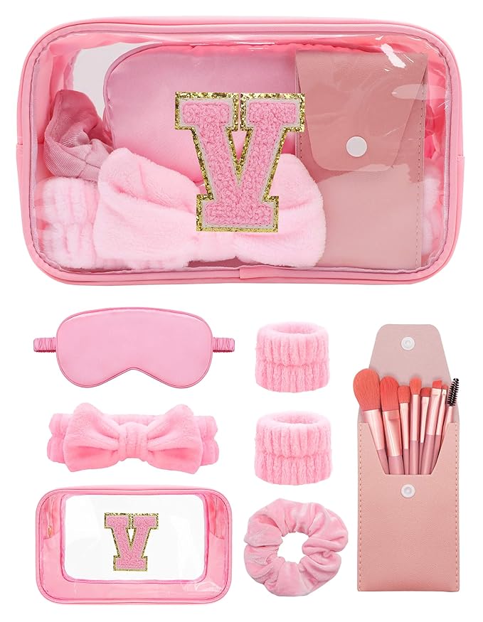 Gift Sets for Women, Initial Makeup Bag with Makeup Brush Set Bachelorette Party Favors, Pink Spa Kit with Skincare Headbands Wrist Bands Sleepover Party Supplies Gifts for Teen Girls Bridesmaid V
