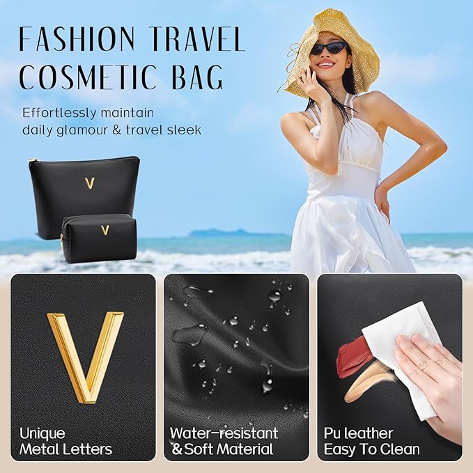Women Gifts | Initial Makeup Bag Set for Girl Personalized Gifts for Bridesmaid Friend Graduation Teachers PU Leather Cosmetic Travel Toiletry Bag(Black,V)