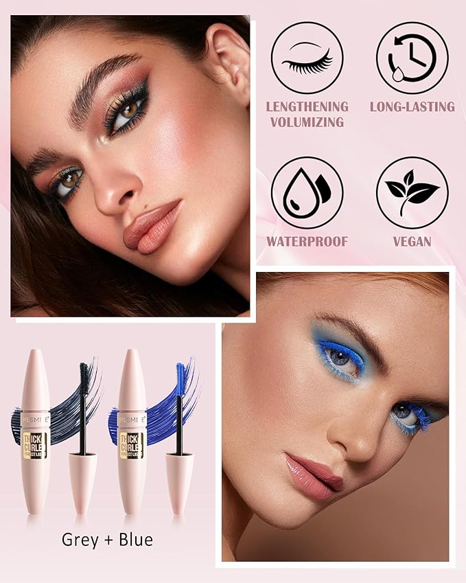 Grey+Blue Waterproof Mascara, Lashes Extension Mascara with Dual-Sided Brush, Great for Lengthening and Volumizing Eyelashes, Colored Tube Máscara Fiber No Clumping, Long Wear, Smudge-Proof -D