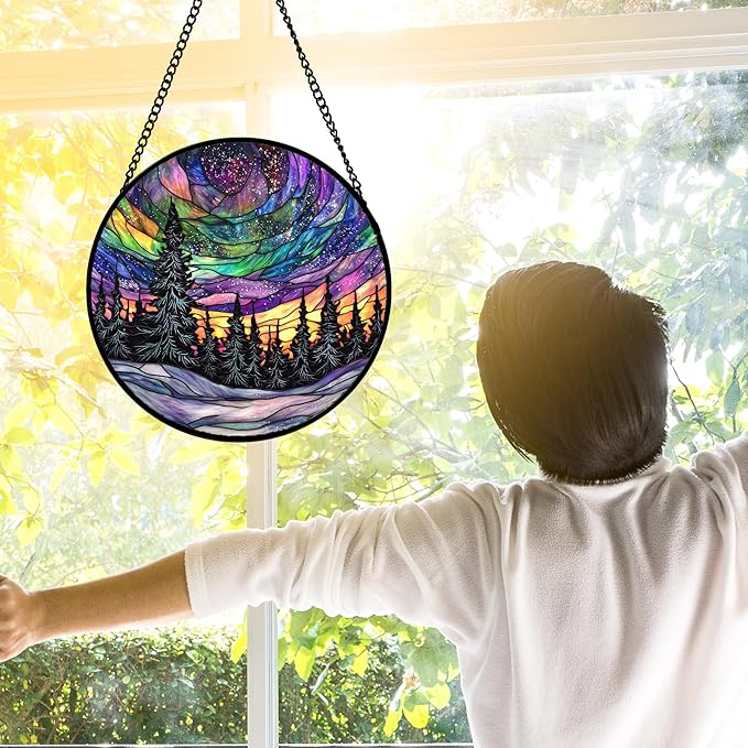 Stained Glass Window Hanging, Van Gogh Night Scene Sun Catchers Colorful Glass Panel Starry Sky Suncatcher Decor for Birthday for Women, Men, Wife, Aunt, and Mom 11.8x11.8 in