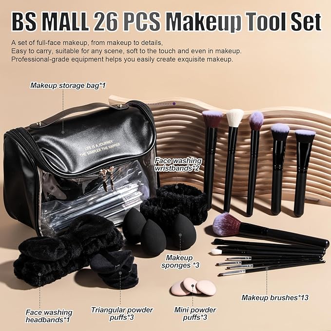 BS-MALL Makeup Brush Set with Waterproof Travel Bag & Makeup sponges -26 Pcs Set Triangle Puff & Face Washing Puffs,Face Wash Headband Wristband for Travel Go Camping Gift & Makeup Beginners (Black)