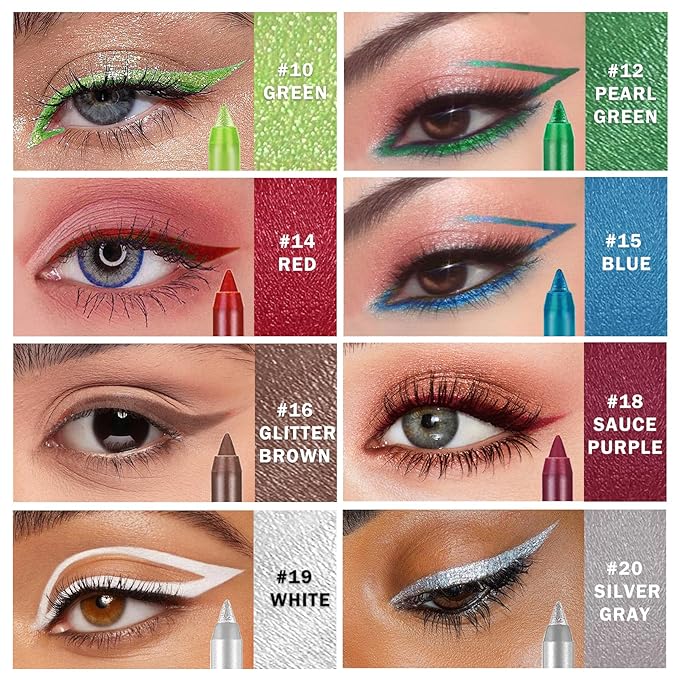 16 Colored Eye Liner Pencils for Women,Purple Green Blue Metallic Eyeliner Pen Set,delineador de ojos contra el agua,Multi-Function and Professional Pencil Eyeliner Makeup