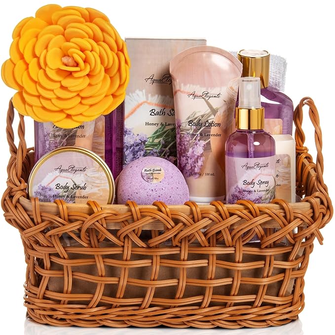 Spa Baskets For Women - Luxury Bath Set With Honey & Lavender - Spa Kit Includes Wash, Bubble Bath, Lotion, Bath Salts, Body Scrub, Body Spray, Shower Puff, Bathbombs, Soap and Towel
