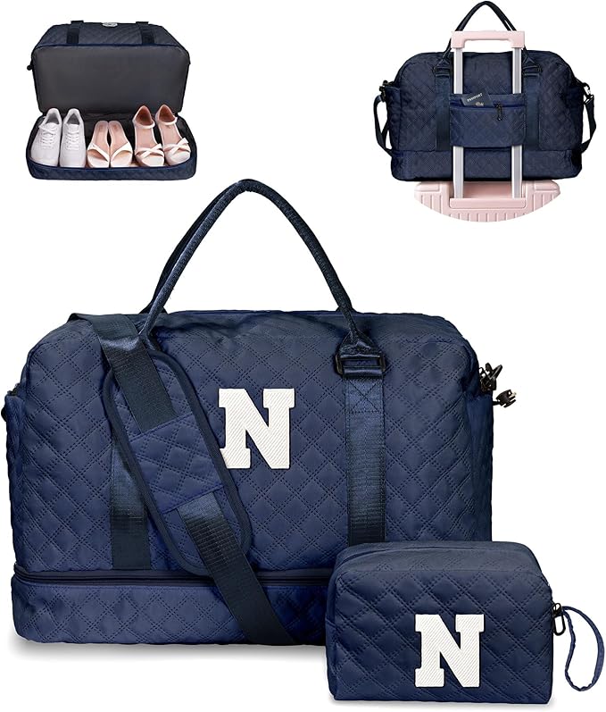 Birthday Gifts for 11 12 13 14 15 16 17 18 Year Old Girls-Initial Duffle Bag with Shoe Compartment, Personalized Weekender Bag, Monogram Overnight Bag, Travel Bag with Makeup Bag (Letter N)