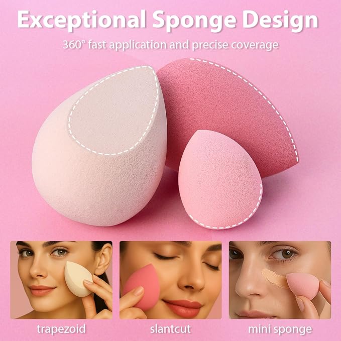 Makeup Sponge Set Foonbe Blender Sponges 7 Pcs for Liquid, Cream, and Powder, Latex Free, Multi colored Beauty Sponges with 1 Mini Sponge, Vegan & Cruelty-Free