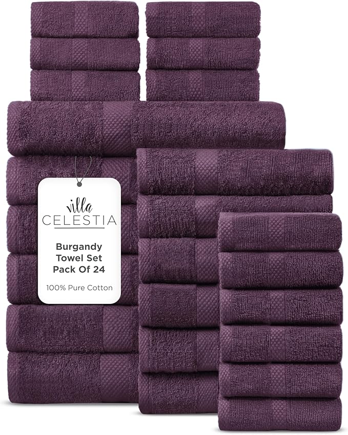 100% Cotton Bath Towel Set of 24-6 Bath Towels, 6 Hand Towels, 12 Wash Cloths, Sustainable, Soft, Highly Absorbent, Combed Cotton 24 Piece Set for Hotels, Spa, Bathroom, Dorm, Burgandy