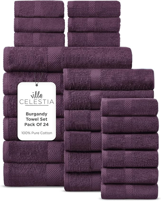 100% Cotton Bath Towel Set of 24-6 Bath Towels, 6 Hand Towels, 12 Wash Cloths, Sustainable, Soft, Highly Absorbent, Combed Cotton 24 Piece Set for Hotels, Spa, Bathroom, Dorm, Burgandy