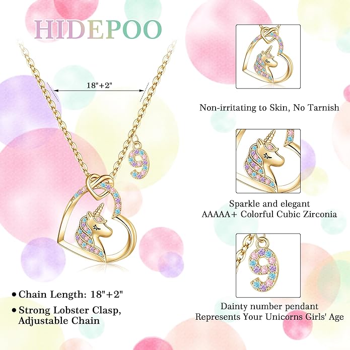 Hidepoo Birthday Unicorns Gifts for Girls - Unicorn Necklace Birthday Gift for 3-16 Year Old Girl Colorful CZ Heart Pendant Unicorn Necklace for Girls Gifts Jewelry