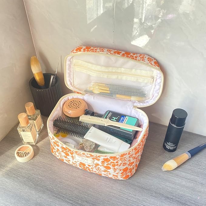 Orange Large Quilted Floral Makeup Bag Cute Soft Coquette Aesthetic Cosmetic Bag Cotton Travel Toiletry Bag for Women