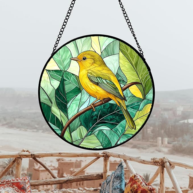 Stained Glass Window Hanging 4 Pcs Set Green Plants Animals Theme 9.8" - Bird Tiger Suncatcher Door Garden Sun Catcher Decor Birthday for Mom Woman Nana Men Friend
