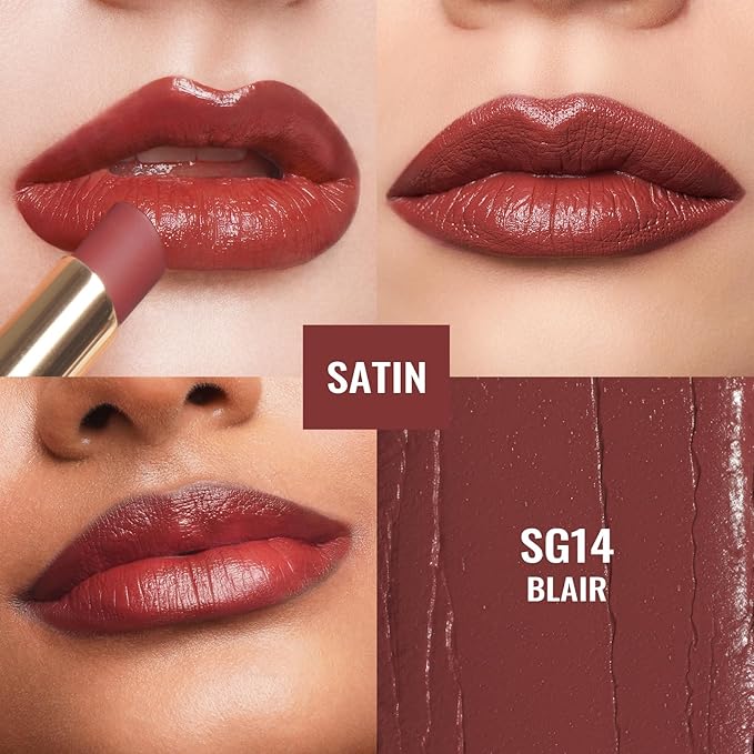 Oulac Color Rich Satin Lipstick - Red Brown Full Coverage Lip Color, Creamy Silky-Smooth, Moisturizing, Satin Matte Finish, Infused With Shea Butter, Vegan & Clean Beauty, 4g, SG14 Blair