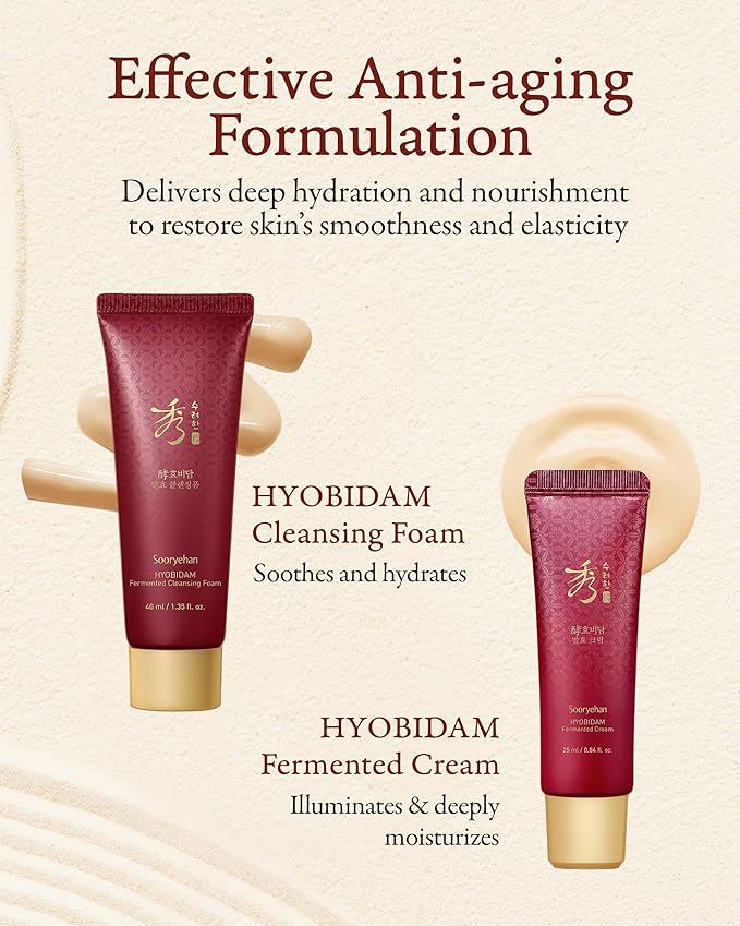 Sooryehan Hyobidam Fermented Travel Kit (Pack of 4) - Herbal korean skincare set with Toner, Emulsion, Cream & Cleansing Foam, featuring Baekhyodan™ & Silver Mushroom. for hydration & elasticity.