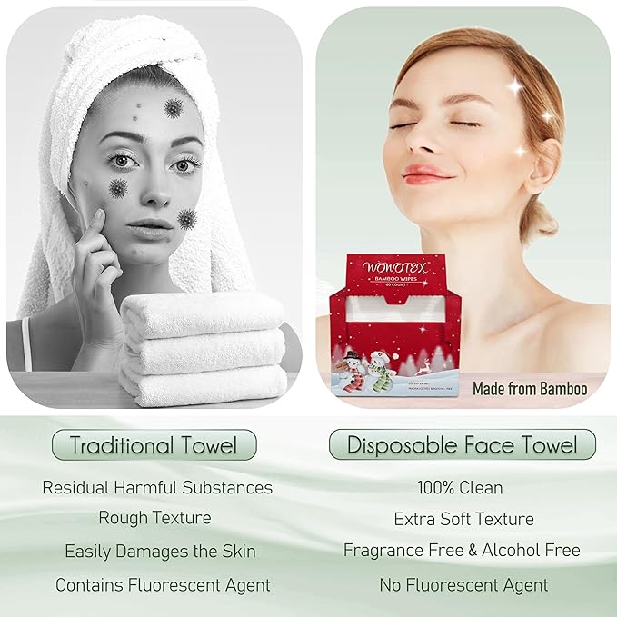 Christmas Style WOWOTEX Disposable Face Towel Biodegradable Large Dry Face Wipes 120 Count/2 Box Extra Thick Soft Clean Facial Towels for Sensitive Skin, Facial Cleansing, Nursing, 10"×12"