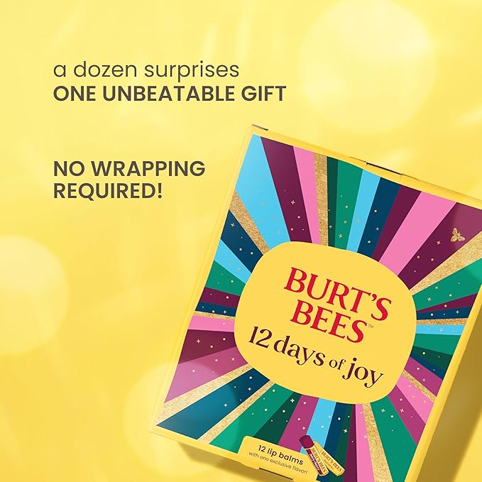 Burt's Bees 12 Days of Joy Lip Balm Advent Calendar Gift Set, Flavored Lip Balm Pack Great for Office Holiday Gifts, Tint-Free, Natural Origin Lip Care, 12 Tubes, 0.15 oz.