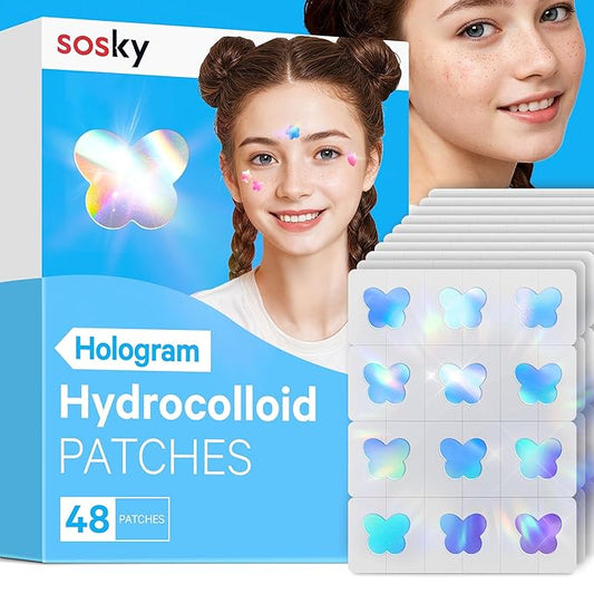 Sosky Hologram Pimple Patches for Face, Hydrocolloid Acne Patches with Salicylic Acid, Cute Star Zit Stickers,Colorful Blemish Covers,48 Count Blue Butterfly