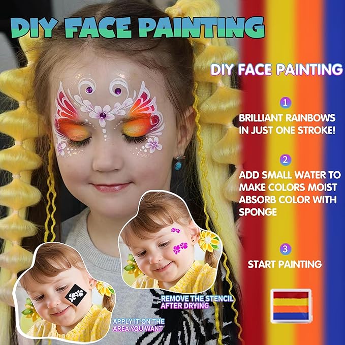 Vaneria 24 Colours Body & Face Paint Set - Quick-Drying,Water-Based Formula with Fluorescent Pens,Hair Coloring Combs,Glitter,Stencils & Brushes for Halloween, Party, Cosplay