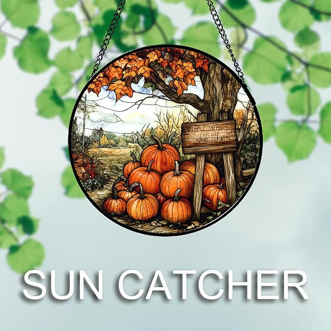 Stained Glass Window Hanging Fall Farm Scenery Maple Trees Pumpkin 9.8" - Suncatcher Door Garden Kitchen Sun Catcher Autumn Decor Birthday for Mom Nana Men Woman Friend
