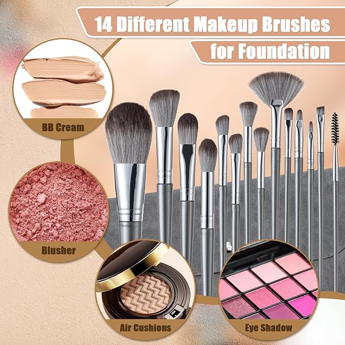 Makeup Brushes, 14 Pcs Professional Makeup Brush Set, Eye and Face Foundation Brush Set, Eyeshadow Brushes, Cosmetic Brushes, with Envelope Bag, Dark Gray