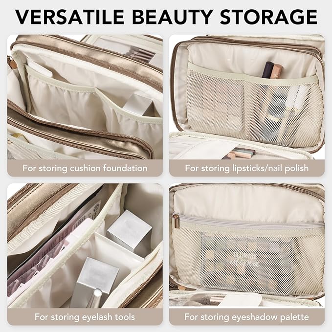 Travel Makeup Bag Women's Large Capacity Cosmetic Portable Organizer Large Opening Waterproof Storage Toiletry Bags Vertical Free-Standing Brush Holder for Easy Access Copper