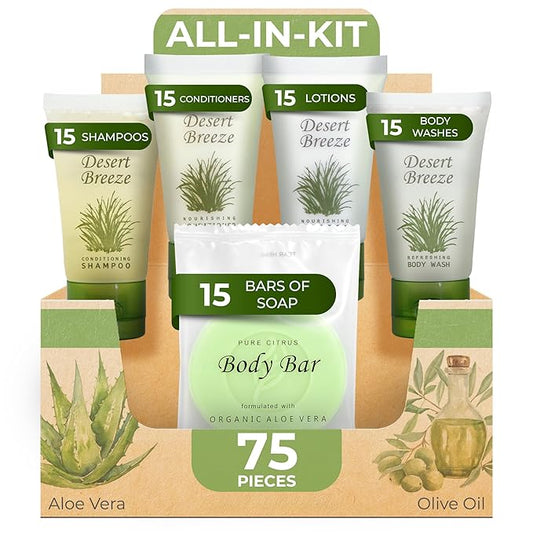 Desert Breeze Hotel Soaps & Toiletries Bulk Set | 1-Shoppe Amenities Kit | 1oz Shampoo & Conditioner, Body Wash, Lotion, Bar Soap | Travel Size | 75 Pieces