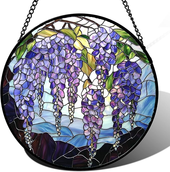 Stained Glass Window Hanging, Purple Wisteria Flowers Suncatcher for Doors Window Home Plant Sun Catchers Decoration Mother's Day Birthday Gifts for Women, Men, and Mom 7.8x7.8 in