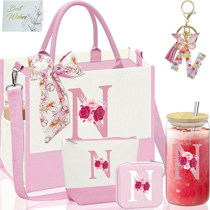 Monogrammed Gifts for Women,Personalized Gifts for Women,Initial Canvas Tote Bag,16oz Initial Glass Cup,Initial Makeup Bag,Initial Jewelry Organizer Box,Birthday Gifts for Aunt Niece-N