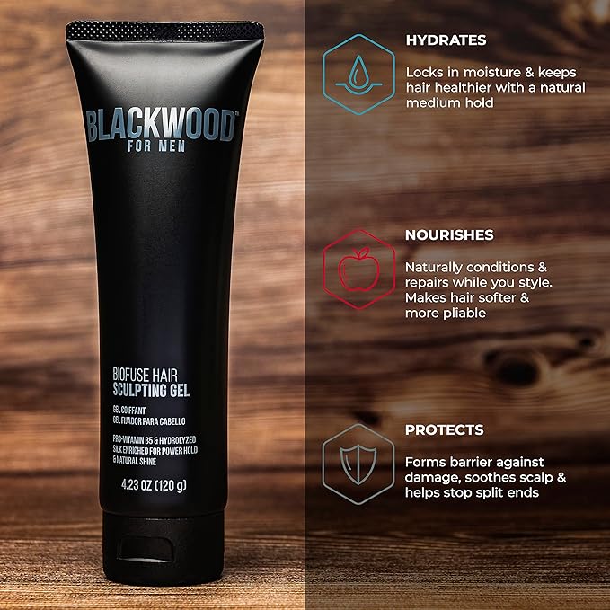 Blackwood For Men BioFuse Hair Sculpting Gel - Long Lasting Hold - Natural Vegan Formula Hair Styling Product for All Hair Types - Sulfate Free, Paraben Free, & Cruelty Free (4.23 Oz)