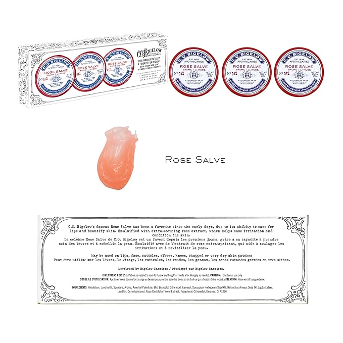 C.O. Bigelow Rose Salve Tins, Pack of 3 Lip Balm Tins, All Purpose Salve for Lips, Cuticles, Hands & Dry Skin, Lip Balm Set, 0.8 oz