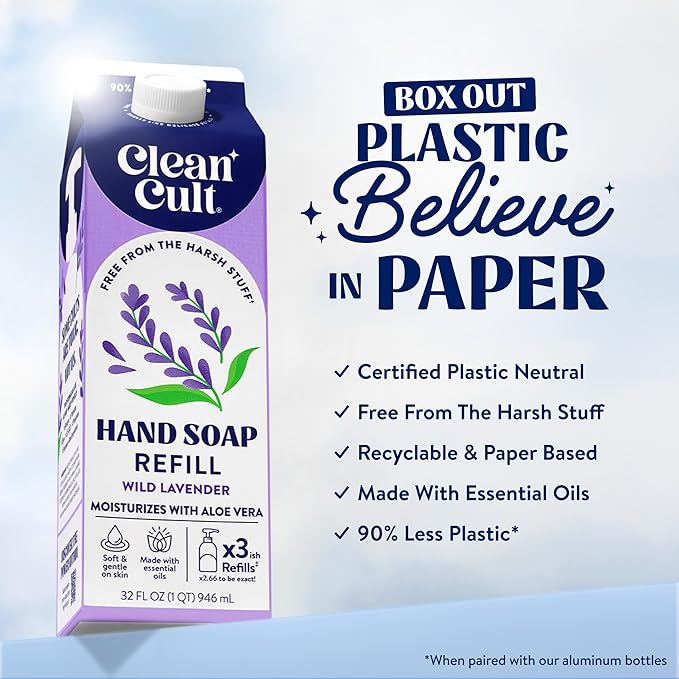 Cleancult Liquid Hand Soap Refills - Moisturizes Dry & Sensitive Skin - Made with Aloe Vera & Lavender Essential Oils - Wild Lavender - Eco Friendly - Paper-Based Packaging - 32 oz/2 Pack