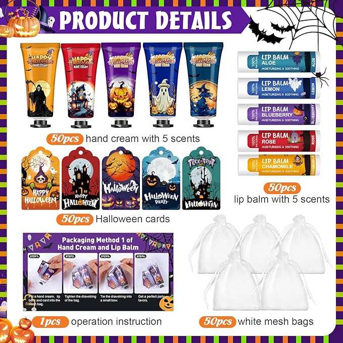 VESPRO 50 Pack Halloween Hand Cream and Lip Balm Set, Bulk Halloween Gifts with Halloween Cards and Organza Bag, Halloween Decorations and Halloween Party Favors Goodies for Women