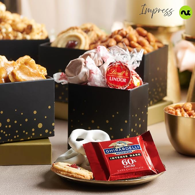NUT CRAVINGS - Diwali Chocolate Covered Pretzels & Caramel Popcorn Gift Basket, in Black Tower + Ribbon (8 Assortments) Food Arrangement, Healthy Snack Care Package, Food Assortments