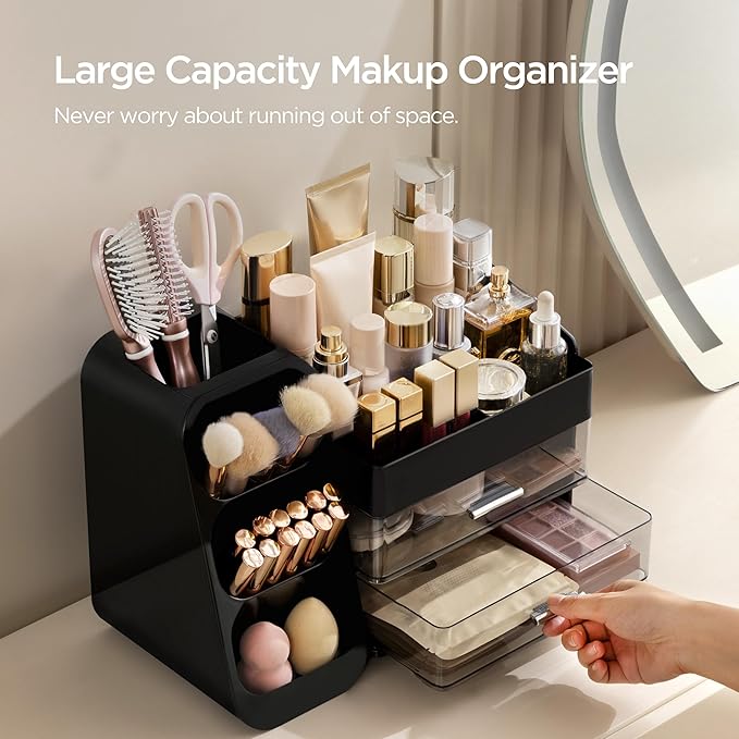 HBlife Makeup Organizer with Brush Holder for Vanity, Large Plastic Bathroom Countertop Organizer Cologne Organizer for Men, Easy to Store Lipsticks, Nail Polishes, Perfumes, Eyeshadow Palettes, Black