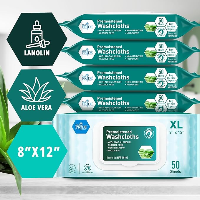 MED PRIDE 600 Count 8 X12 in Premoistened Disposable Wet Washcloths for Adults with Aloe & Lanolin Personal Cleansing Skincare Makeup Removal Travel