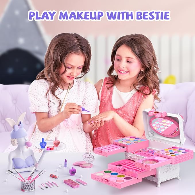 Kids Makeup Sets for Girls, 66pcs Real Cosmetic for Kids Toys with Mirror, Princess Washable Girls Makeup Kit, Non-Toxic & Safe Brithday Gifts for 3 4 5 6 7 8 - 12 Years Old（Pink White）