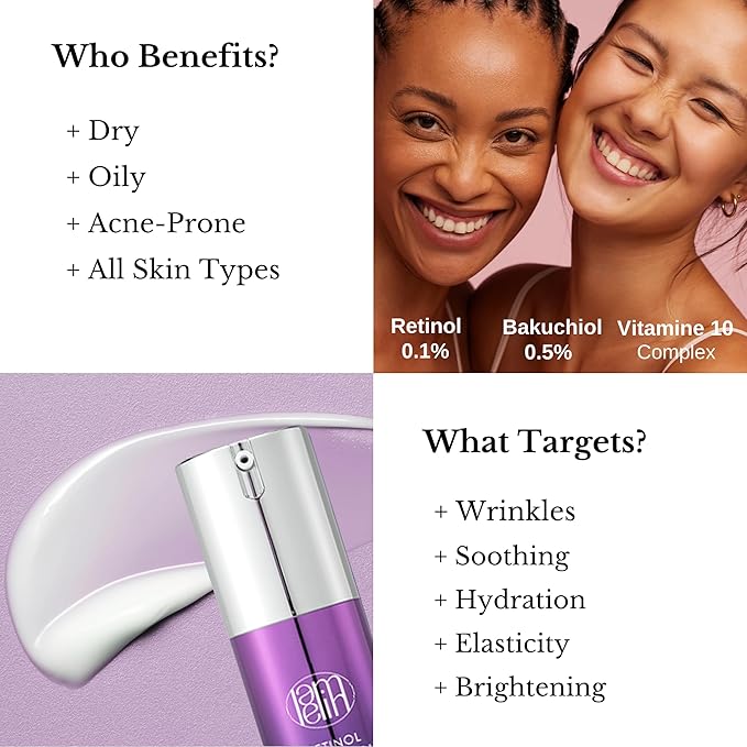 Wrinkle Serum Cream, Retinol & Bakuchiol & Niacinamide, 10 Vitamins & Herbs, Antioxidant, Eye Bag Dark Neck Correction, Day & Night Skin Brightening, 1.76 Fl Oz. Made in Korea