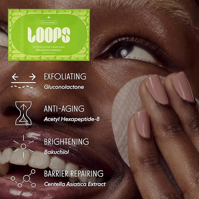 LOOPS Exfoliating Toner Korean Skincare - Refine, Resurface, and Rebalance Skin - Brightening & Anti-Aging Skincare - Pre-Soaked Bamboo Pad - Vegan, Natural, Biodegradable Toner Pads for Face