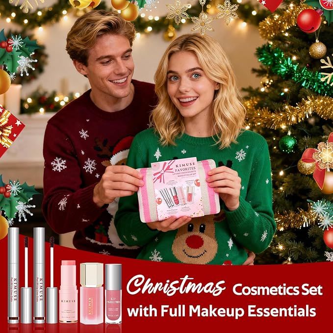 KIMUSE All in One Makeup Kit for Women, Girls, Teens with Makeup Bag, 4 Pcs Makeup Gifts Set Includes Lip Stain,Lip Plumper,Liquid Blush,Multi Balm Stick, Christmas Make Up Collection, Holiday Present