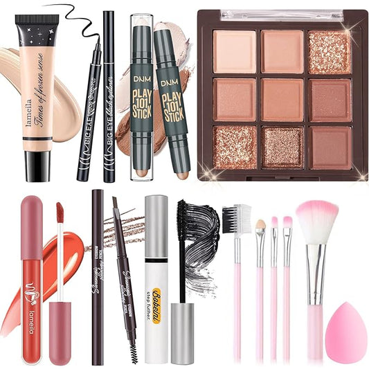 Makeup Set Kit for Women Girls Teens, Makeup Present Set, Includes 9 Color Eyeshadow, Counter Stick, Foundation, Eyebrow Pencil, Eyeliner, Mascara, Lip Gloss, 5Pcs Brushes, Sponge