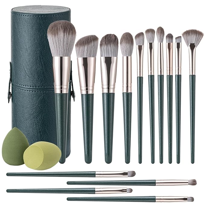 Makeup Brushes, 14 Pcs Professional Makeup Brush Set, Eye and Face Foundation Brush Set, Eyeshadow Brushes, Cosmetic Brushes with 2 Blender Sponge and PU Makeup Pail, Dark Green
