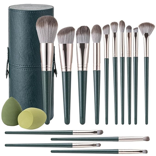Makeup Brushes, 14 Pcs Professional Makeup Brush Set, Eye and Face Foundation Brush Set, Eyeshadow Brushes, Cosmetic Brushes with 2 Blender Sponge and PU Makeup Pail, Dark Green
