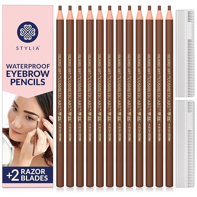 Stylia Waterproof Eyebrow Pencils For Women – Long-Lasting Microblading Supplies Brow Pencil, Perfect for Eyebrow Shaper, Filling & Defining Natural-Looking Brow - (12PC Brown)