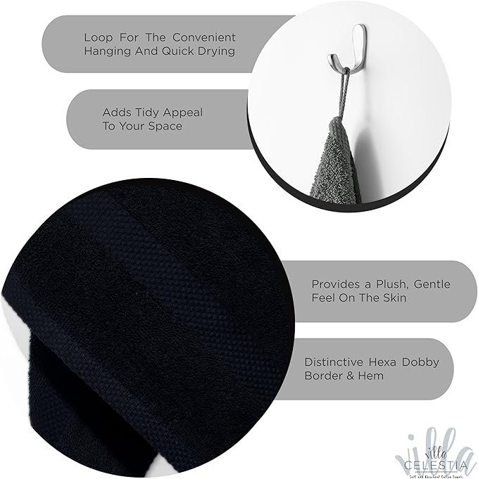 100% Cotton Wash Cloth for face & Body Set of 12, (12 x 12 inches) Sustainable, Soft, Highly Absorbent, Combed Cotton Wash Cloths Pack of 12 for Hotels, Spa, Bathroom, Dorm, Black