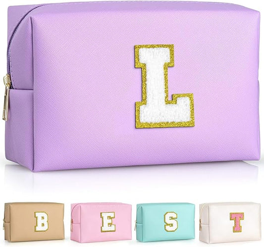 TOPEAST Personalized Birthday Gifts for Women, Preppy Patch Makeup Bag, Chenille Letter Pouch Cosmetic Bag, Travel Organizer, Gifts for Friends, Cute Stuff for Women (Purple L)